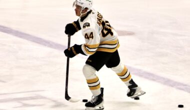 James Hagens, the Bruins' 19-year-old prospect, warms up for a rookie tournament game Monday in Buffalo.