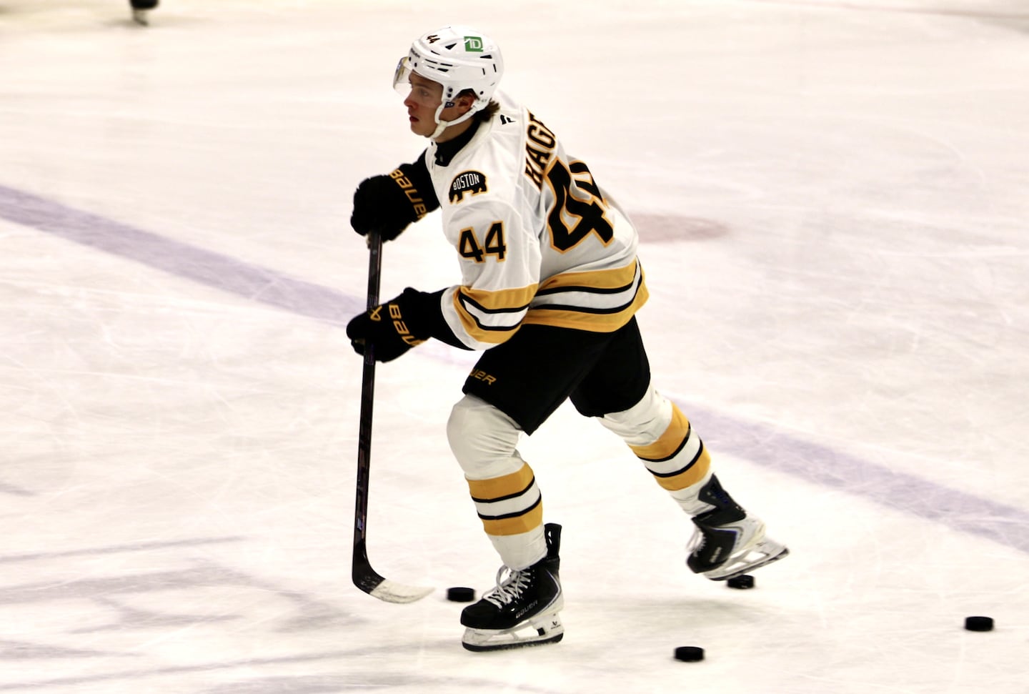 James Hagens, the Bruins' 19-year-old prospect, warms up for a rookie tournament game Monday in Buffalo.