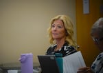Misty Robertson, CEO of the Blue Mountain Hospital District, is pictured Aug. 26, 2026, during a tense hospital board meeting. Nearly 40 employees and community members attended, some of whom gave public comment on concerns over leadership and staffing changes.