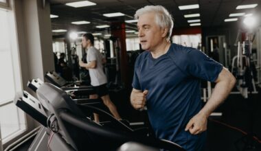 Senior man running on treadmill