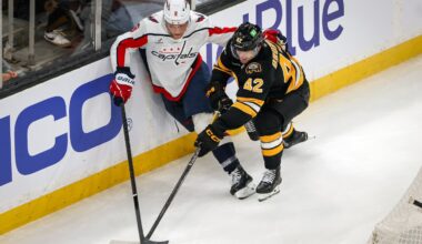 Bruins defenseman Frederic Brunet (right) had a solid showing with three hits in 21:45 of ice time while being paired with Charlie McAvoy on the blue line.