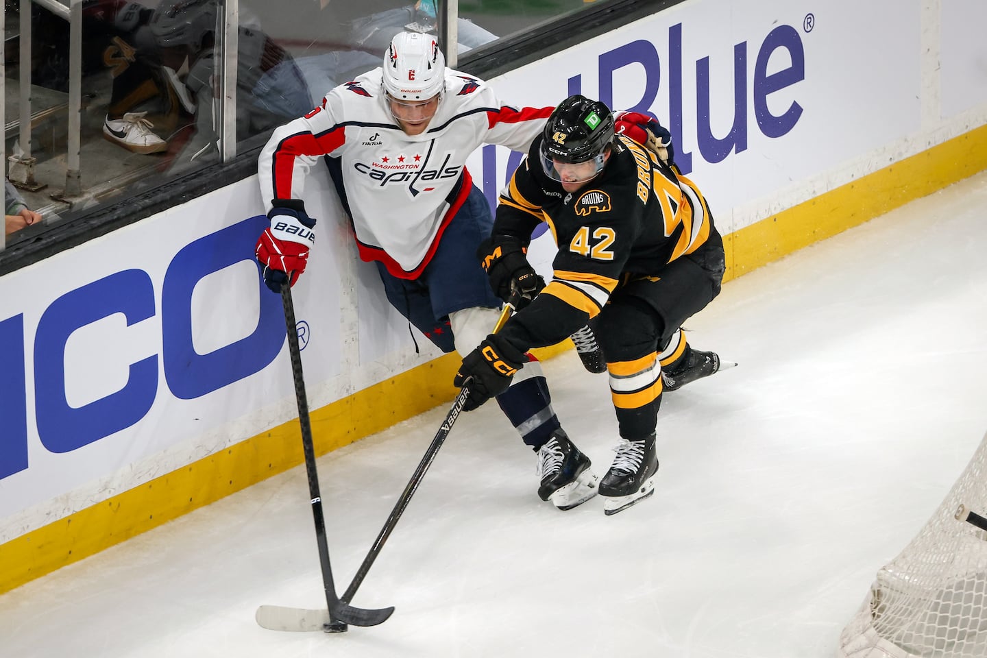 Bruins defenseman Frederic Brunet (right) had a solid showing with three hits in 21:45 of ice time while being paired with Charlie McAvoy on the blue line.