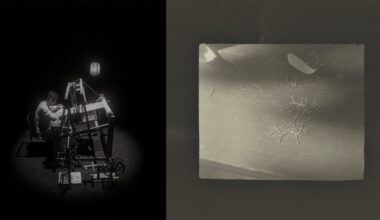A split-screen view shows a person weaving at a loom in a dark, spotlighted room on the left, and a close-up of scattered thread scraps on a textured surface on the right.