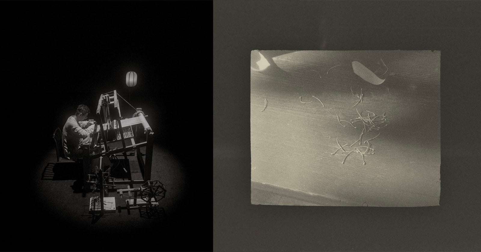 A split-screen view shows a person weaving at a loom in a dark, spotlighted room on the left, and a close-up of scattered thread scraps on a textured surface on the right.