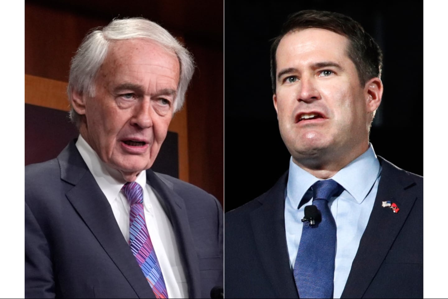 Senator Ed Markey, D-Mass., spoke during a news conference at the Capitol in Washington, left, and US Representative Seth Moulton, D-Mass., spoke during a candidate forum.