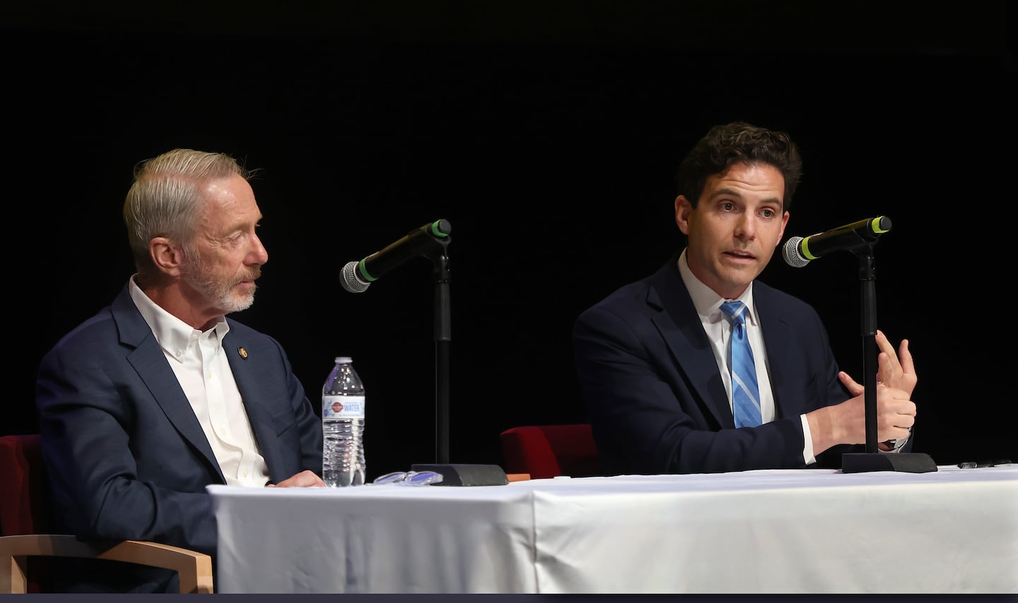 Eighth Congressional District candidate Patrick Roath, right, spoke as US Representative Stephen Lynch looked on at Chapman Middle School in Weymouth on Aug. 13.