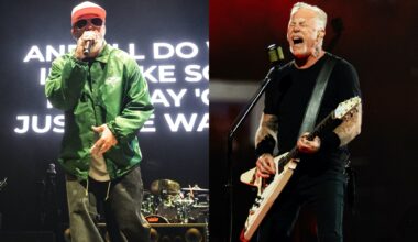 two side by side photographs of Limp Bizkit (left) and Metallica (right) performing live on stage