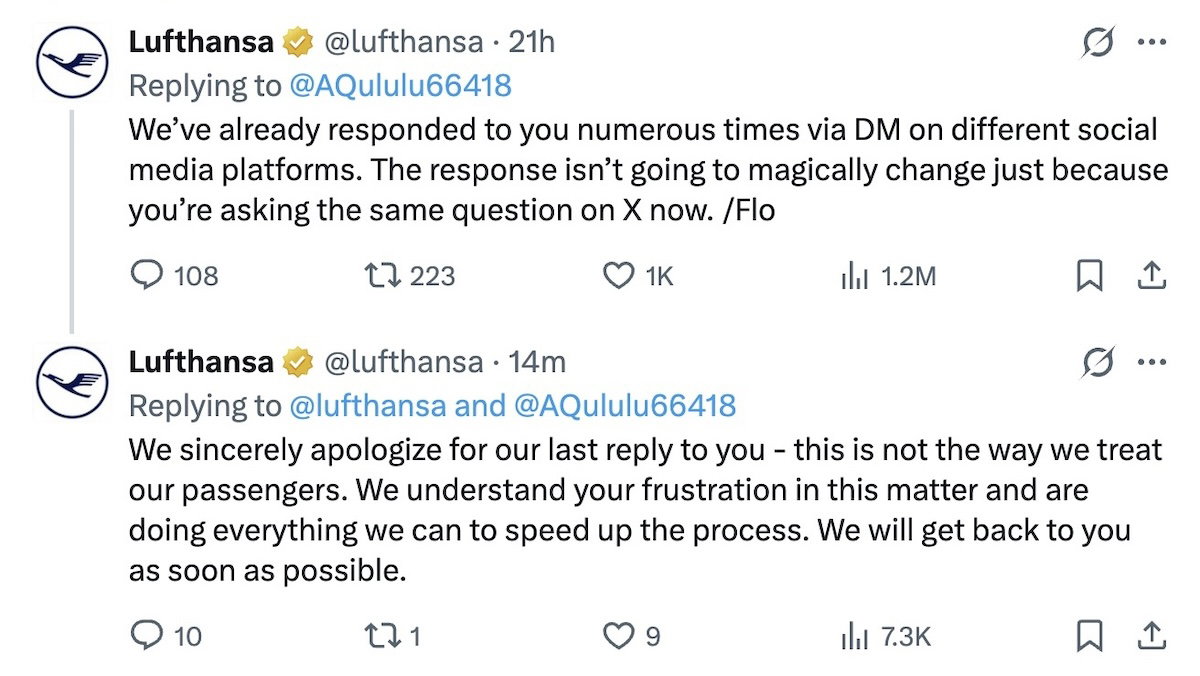 Screenshot of Lufthansa's follow-up apology post on X to the customer