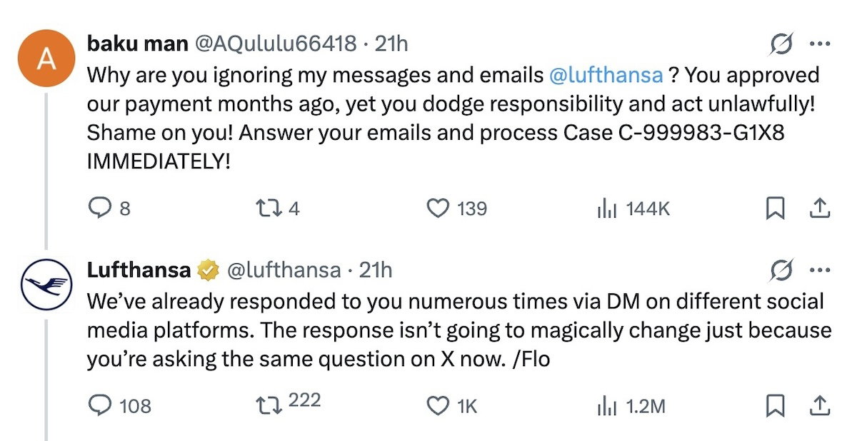 Screenshot of Lufthansa's X reply telling a customer the response won't change just because they asked again on a different platform