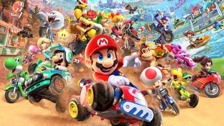 Artwork for Mario Kart World showing a huge crowd of characters, led by Mario