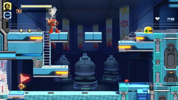 Proto Man works in a room with a save flag in it