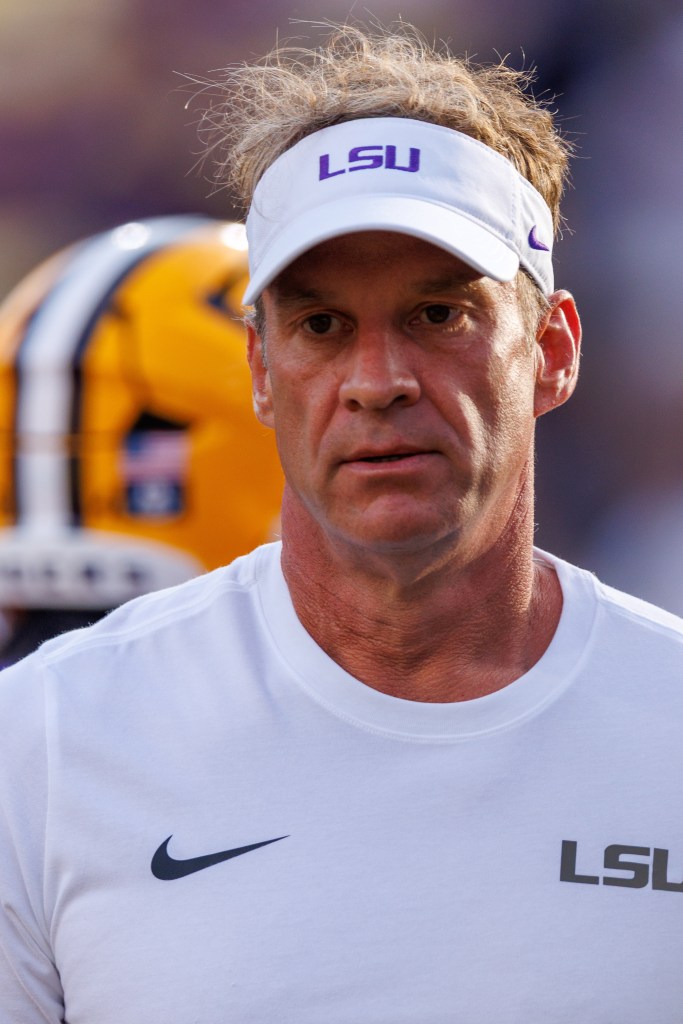 LSU Tigers head coach Lane Kiffin looks on during warmups before a game against the Louisiana Tech Bulldogs at Tiger Stadium in Baton Rouge, Louisiana, Saturday, Sept. 12, 2026.