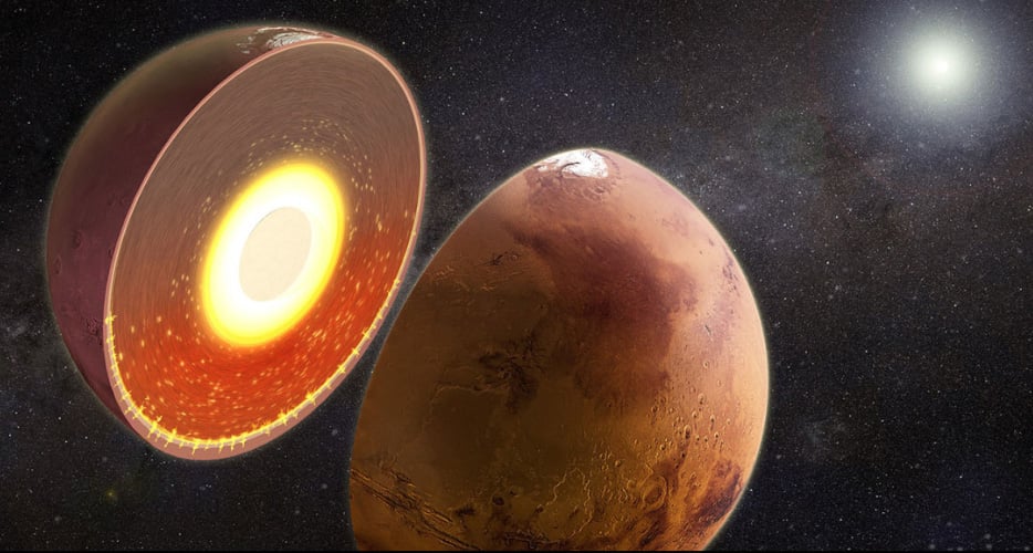 Studies of Mars using tidal tomography have found a strange warm spot under the southern hemisphere surface. Credit: Byrne, et al. University of Arizona.