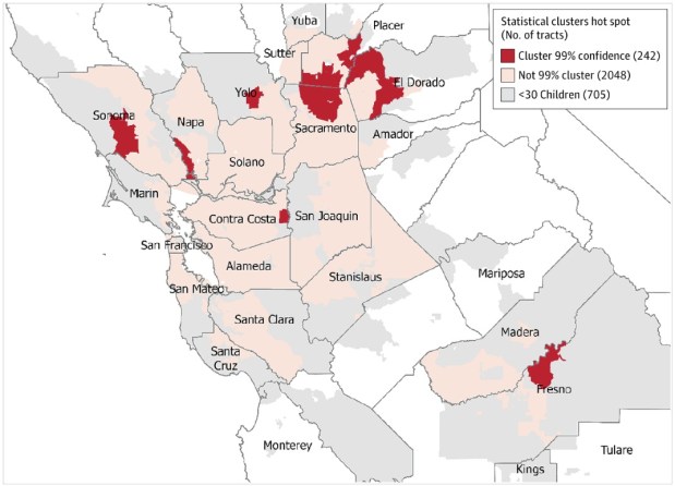 This map shows the seven low measles vaccination "clusters" in Kaiser Permanente's Northern California region. These clusters contain U.S. Census tracts that, as a group, have lower than expected measles vaccine coverage, according to a new Kaiser Permanente research study. Two of the clusters are in Napa and Sonoma counties. (Kaiser Permanente)