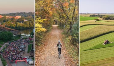 A three-panel collage showing a large group of cyclists at a starting line, a person cycling on a leaf-covered trail, and a tractor working in a field.