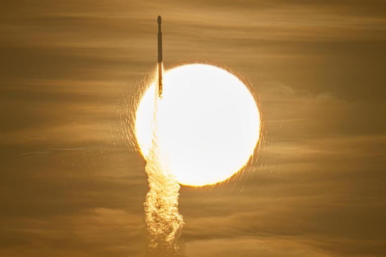 A SpaceX Falcon Heavy rocket with NASA’s Nancy Grace Roman Telescope on board is seen transiting the sun during launch from Launch Complex 39A, Sunday, Aug. 30, 2026, at NASA’s Kennedy Space Center in Florida. | Photo credit: NASA/John Kraus