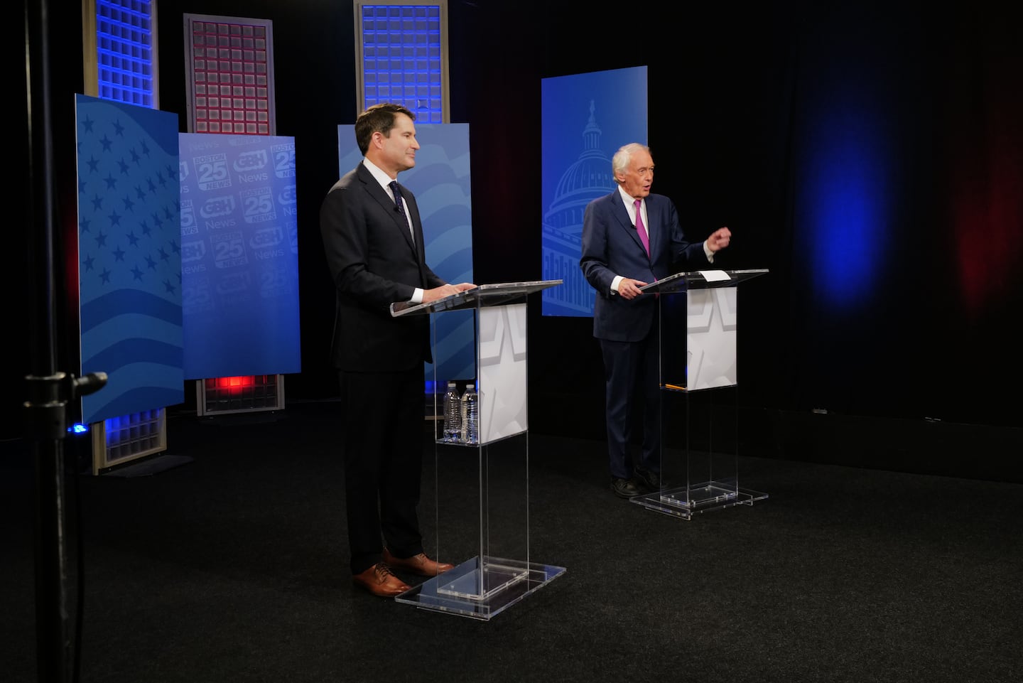 Senator Ed Markey and Representative Seth Moulton at the Boston 25and GBH News Mass. Democratic US Senate debate.
