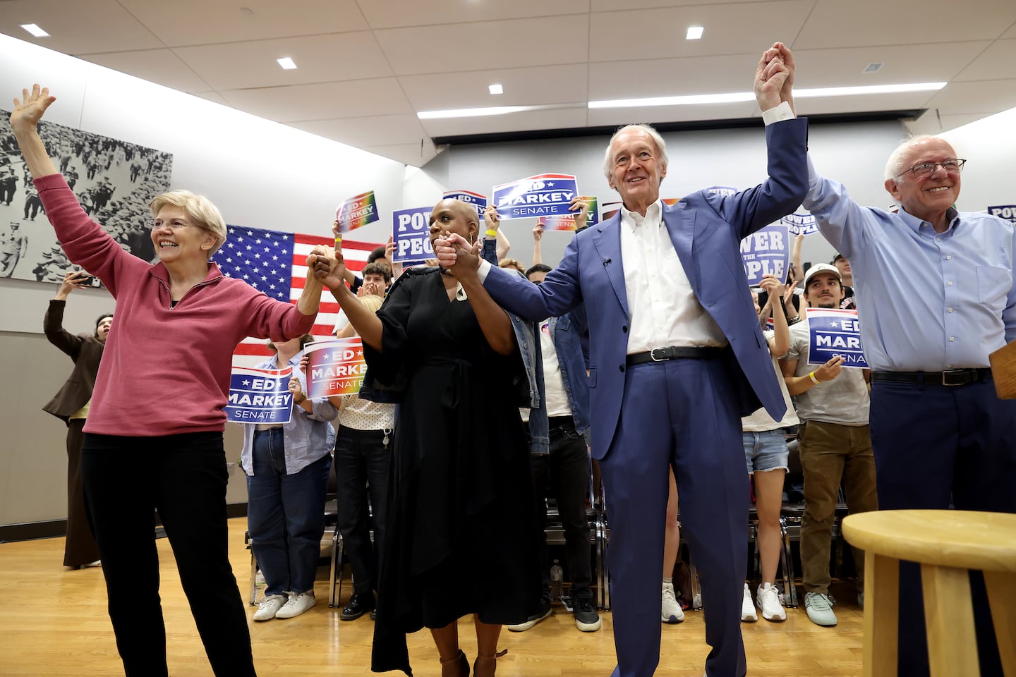 Senator Elizabeth Warren, Representative Ayanna Pressley, Senator Ed Markey, and Senator Bernie Sanders, left to right, wave to attendees during a Get Out the Vote event supporting Markey, Aug. 29, 2026 in Boston. 
