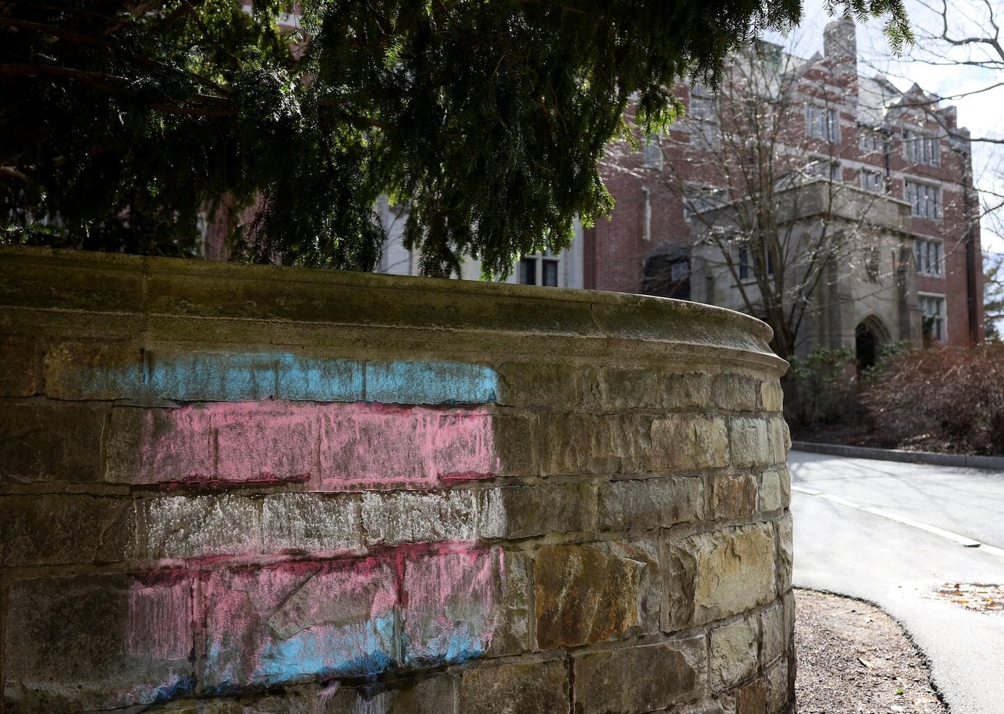 A transgender flag is seen in chalk on Wellesley College campus.
