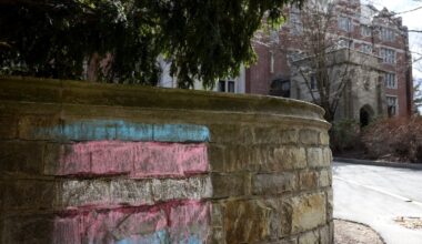 A transgender flag is seen in chalk on Wellesley College campus.