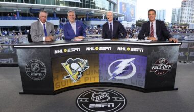 Barry Melrose (far left) and Steve Levy (to his left) were a longtime dynamic duo on ESPN's NHL broadcasts, and were joined for this Oct. 2021 game by Hall of Famers Mark Messier and Chris Chelios.