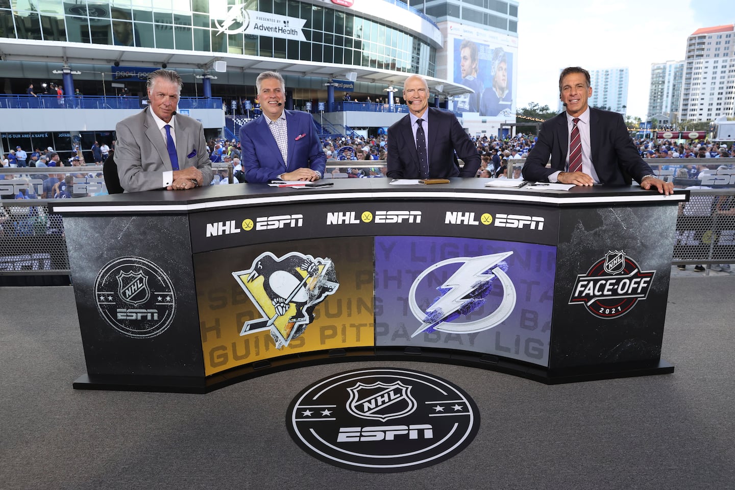 Barry Melrose (far left) and Steve Levy (to his left) were a longtime dynamic duo on ESPN's NHL broadcasts, and were joined for this Oct. 2021 game by Hall of Famers Mark Messier and Chris Chelios.