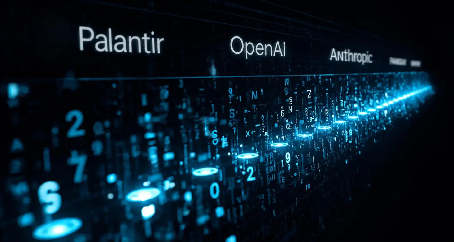 Palantir, OpenAI, and Anthropic displayed above a stream of digital data, illustrating AI token growth and competition in enterprise AI.