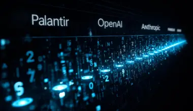 Palantir, OpenAI, and Anthropic displayed above a stream of digital data, illustrating AI token growth and competition in enterprise AI.