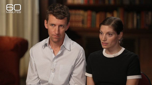 Patrick Clancy and Rachel Danis sit for an interview with 60 Minutes. (Photo courtesy 60 MINUTES/ CBS News)