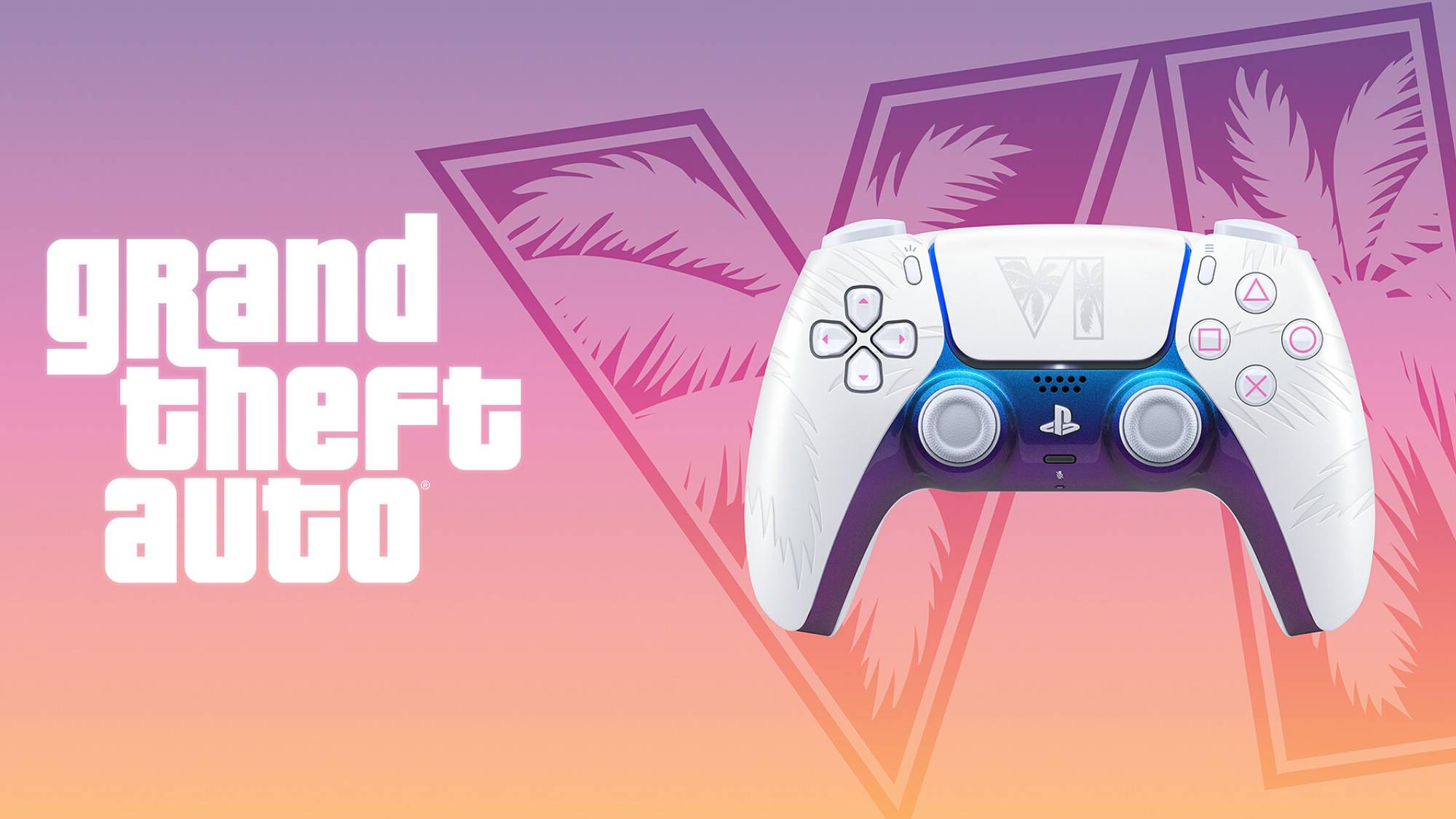 GTA 6 DualSense controller in White on a GTA-themed background