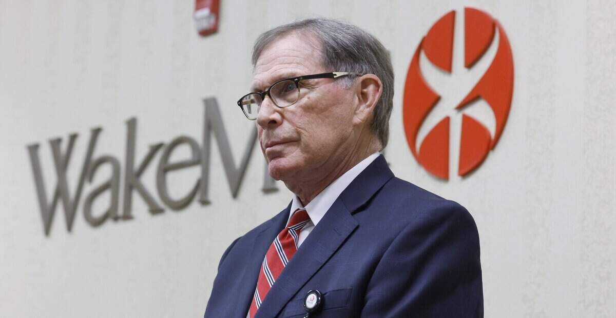 Thad McDonald, MD, WakeMed Board of Directors Chair, waits to speak during a media briefing at WakeMed in Raleigh, N.C., Tuesday, May 5, 2026, about the proposed merger of WakeMed Health and Atrium Health.