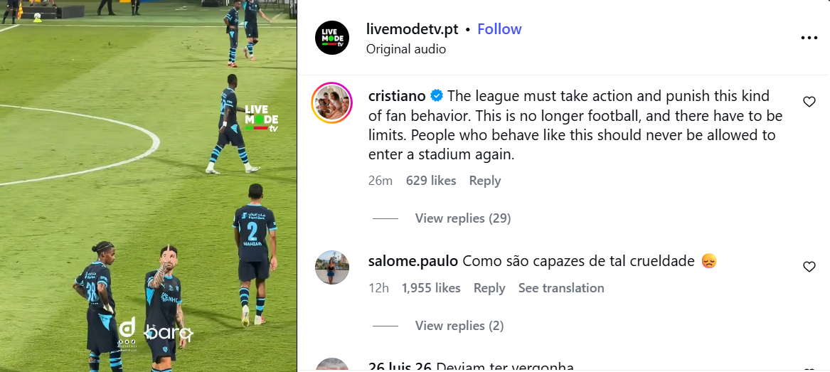 Image of Ronaldo's comments on a video of Neves being taunted with 'Jota' chants