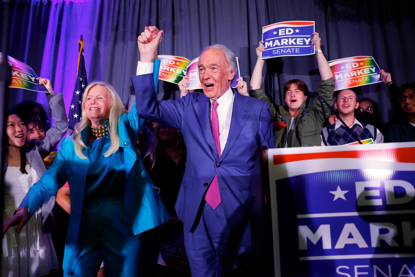 Senator Ed Markey walks out with his wife, Susan Blumenthal, during his watch party for the US Senate democratic primary in Boston.