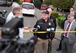 Portland Police Chief fights back tears as he speaks at a press conference as he talks about Portland Police Bureau K-9, Kylo. After six years with the bureau, Thursday was set to be Kylo’s last shift before his retirement.