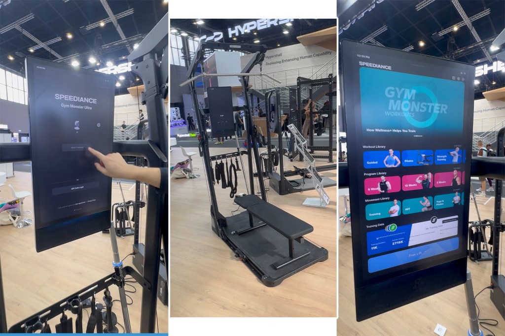 Collage of a SPEEDIANCE Gym Monster Ultra workout machine with a touchscreen display, showing a hand interacting with the screen.