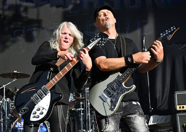 Cathy Richardson and Jude Gold play guitar as they perform with Jefferson Starship at the Shoreline Amphitheatre in Mountain View on Sept. 5, 2026. (Chris Riley/Times-Herald)