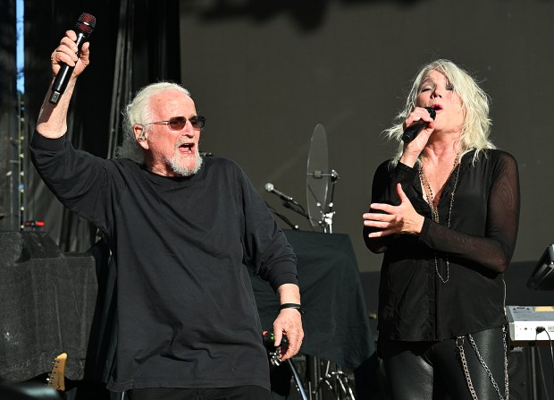 David Freiberg and Cathy Richardson perform with Jefferson Starship at the Shoreline Amphitheatre in Mountain View on Sept. 5, 2026. (Chris Riley/Times-Herald)