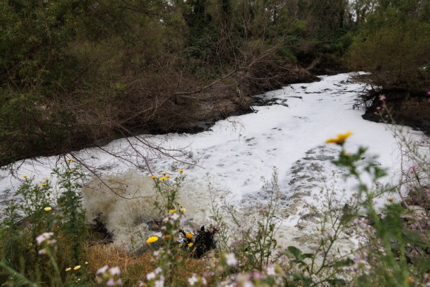 A polluted hotspot along the Tijuana River as seen from Saturn Boulevard at Imperial Beach on Tuesday, March 31, 2026. (Kristian Carreon / The San Diego Union-Tribune)
