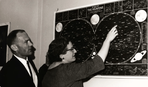 Nancy Grace Roman briefs Edwin (Buzz) Aldrin on celestial objects in Washington, D.C. in 1965. Aldrin would go on to complete three spacewalks and become the second person to walk on the moon. | Image credit: NASA