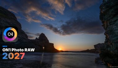 A sunset over a rocky coastline with the text "NEW ON1 Photo RAW 2027" and a colorful circular logo on the left.