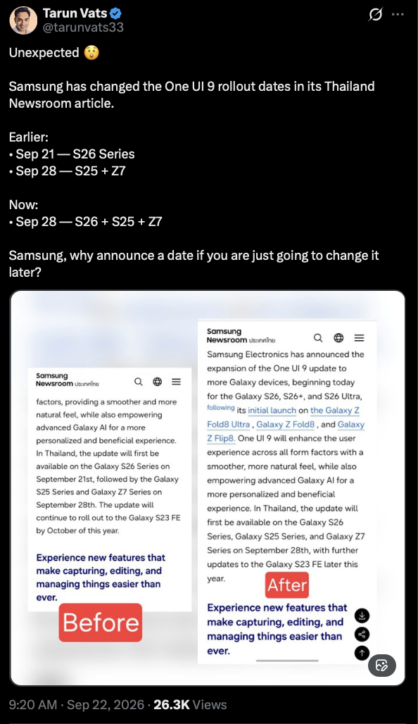 Tarun Vats on One UI 9 stable update delayed Tarun Vats on One UI 9 stable update delayed