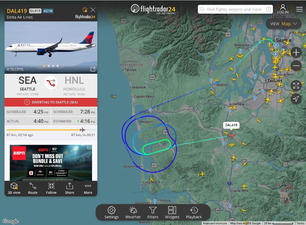 Delta Airlines flight runs into trouble over Washington coast