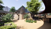 A rendering of the upcoming Arabian leopard exhibit. The exhibit will feature a central shade plaza and an indoor day room to keep the animals comfortable year-round.