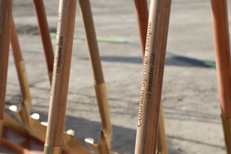 A close-up of ceremonial golden shovels at the groundbreaking ceremony for the Colorado Springs Colorado Temple on Saturday, Sept. 12, 2026, in Colorado Springs, Colorado.