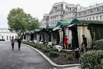 Broadcast news workspaces are seen outside the White House in Washington, D.C., on Wednesday.