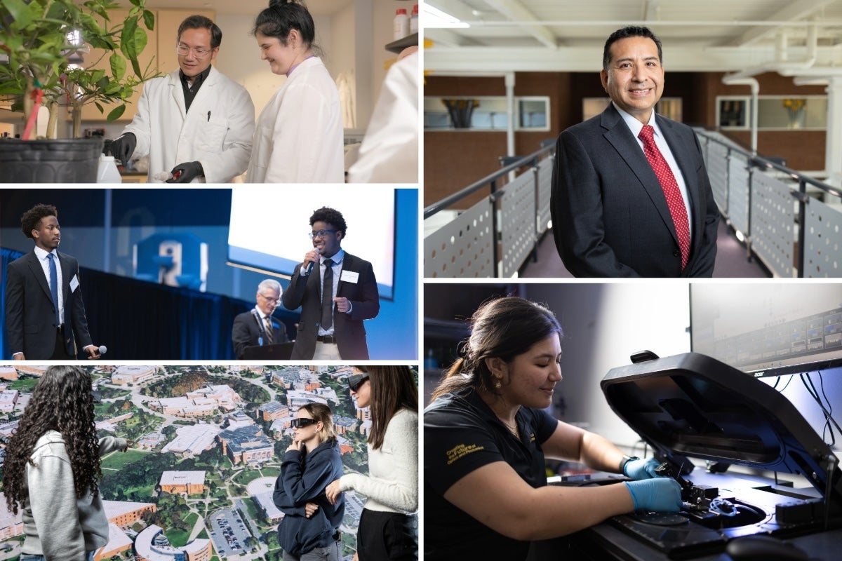 Collage showing UCF researchers and students working in laboratories, presenting research, using immersive technology and operating specialized research equipment, alongside a portrait of a UCF faculty member.