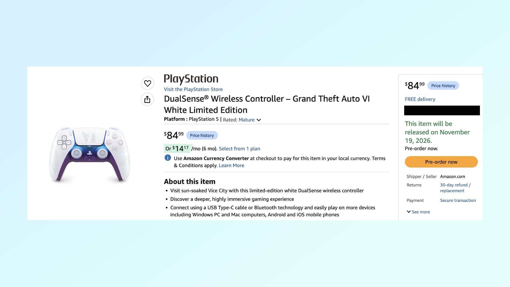 Amazon listing page for the GTA 6 DualSense