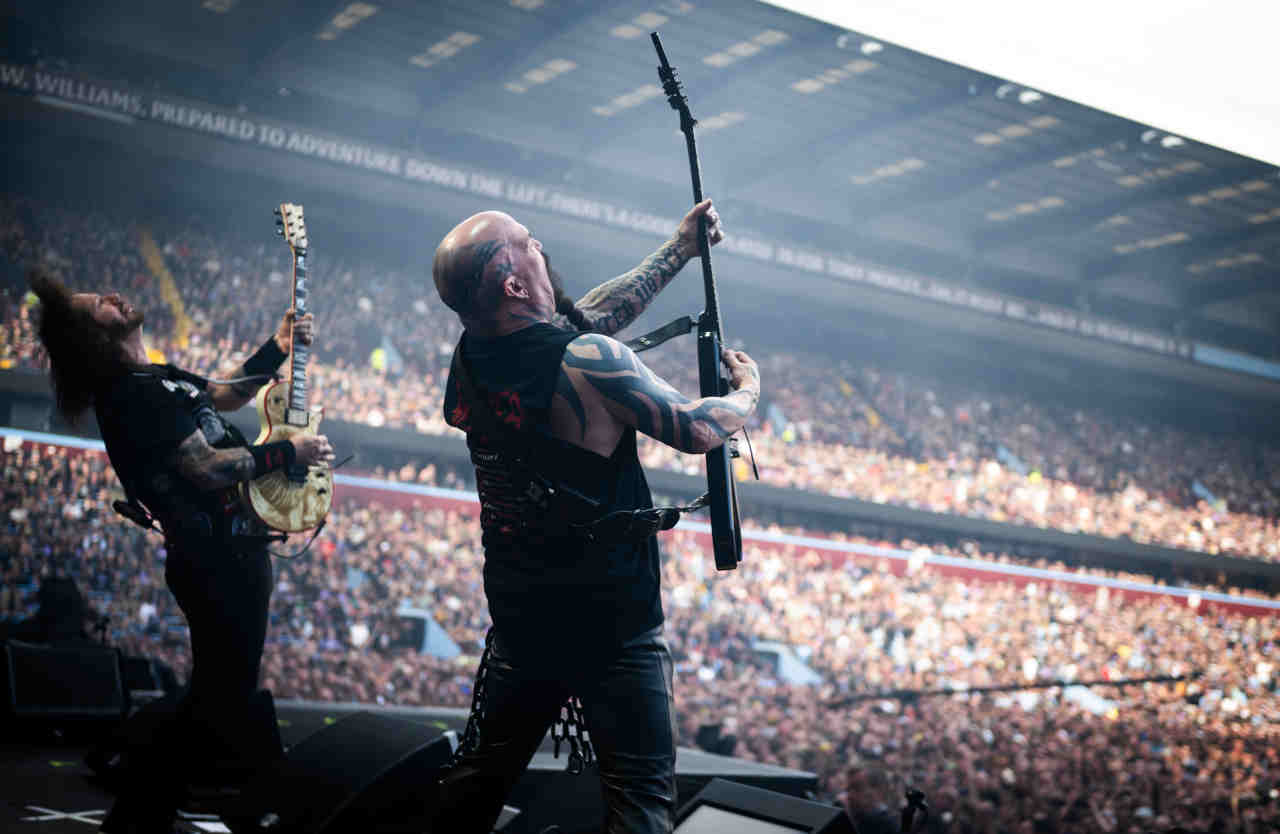 Slayer&rsquo;s Gary Holt and Kerry King performing onstage at the Back To The Beginning show at Villa Park in July 2025