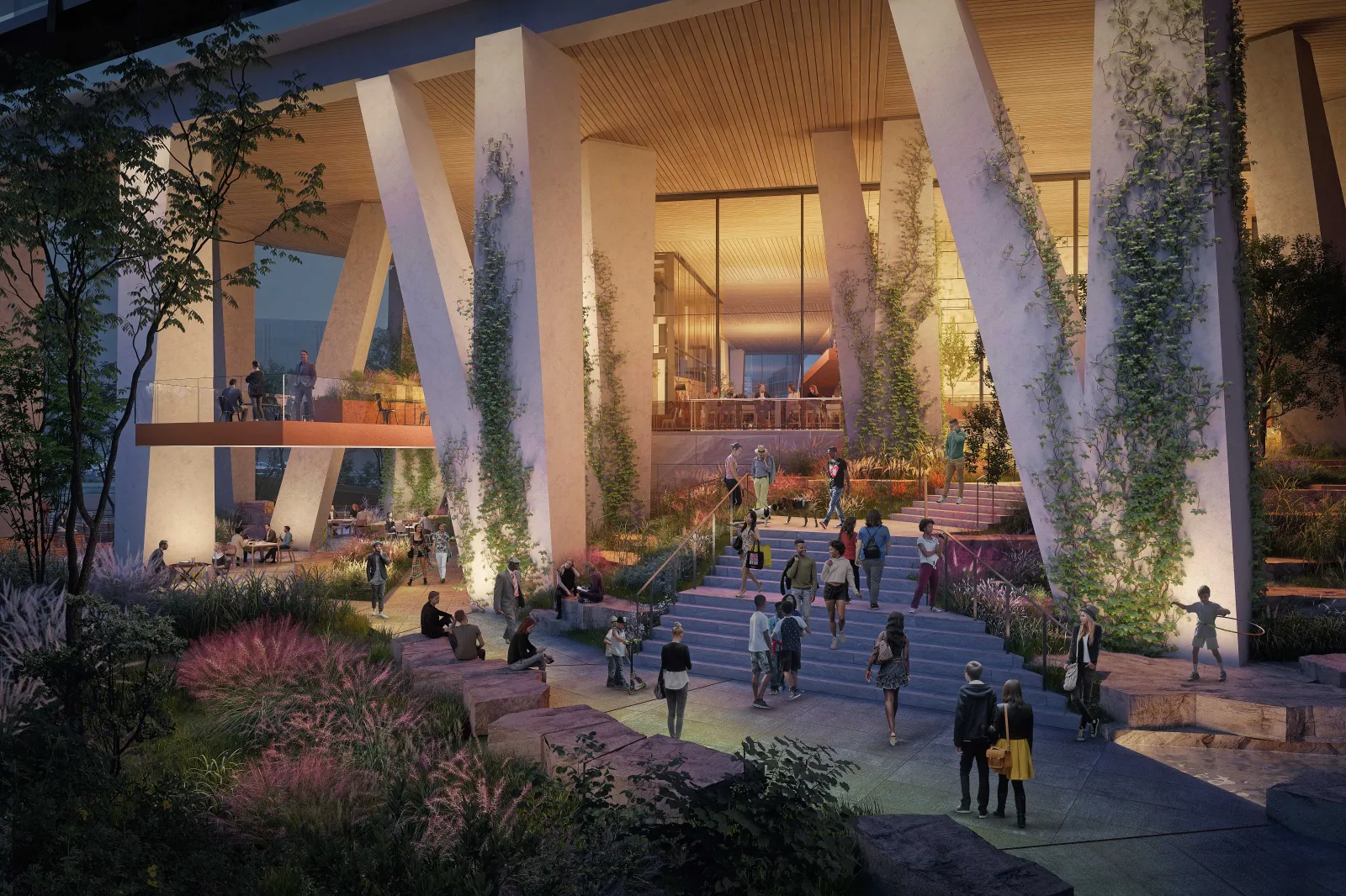 A rendering of a staircase at the base of the Waterline tower.