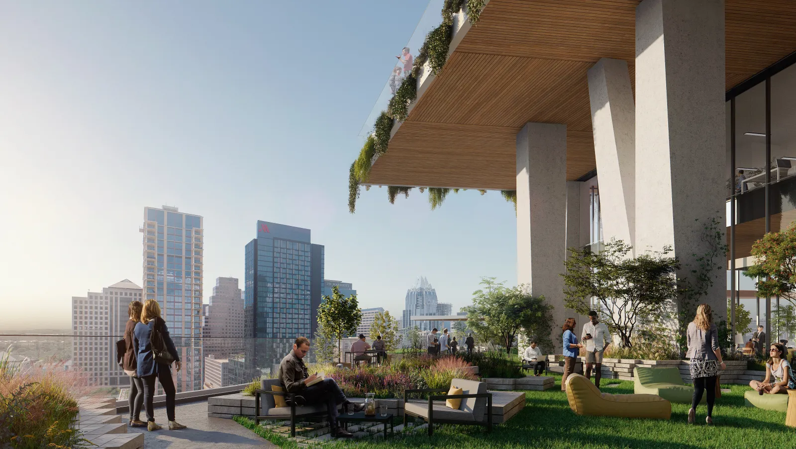 A rendering of an outdoor deck at the office space level of Waterline.